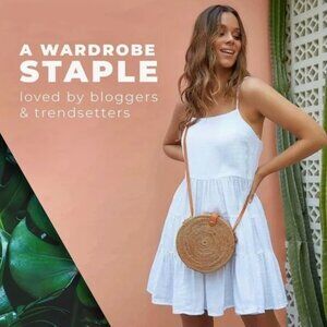 Round Circle Straw Bag Floral Fabric Liner Leather Strap Shoulder